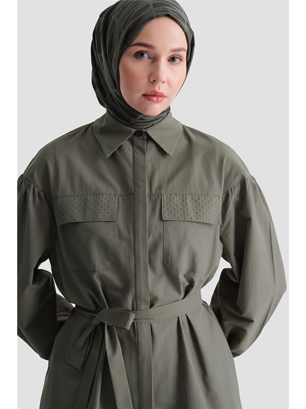 İşleme Detaylı Poplin Takım Haki-4