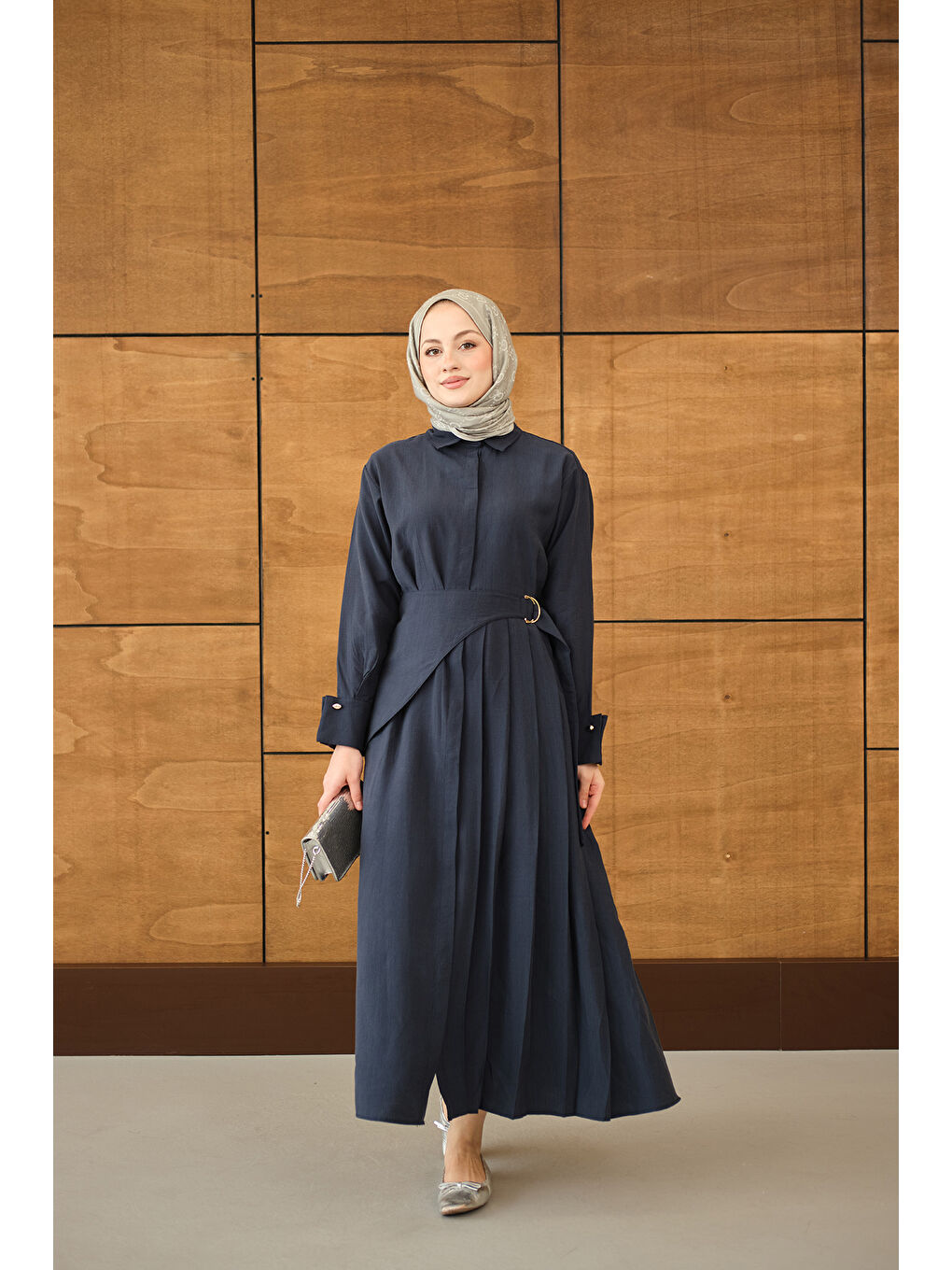 Kadın Pileli Kemer Bağlamalı Boydan Düğmeli Elbise Lacivert-4