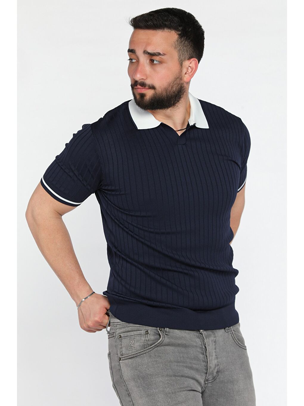 Lacivert Erkek Polo Yaka Kendinden Çizgi Desenli Triko Tişört-1
