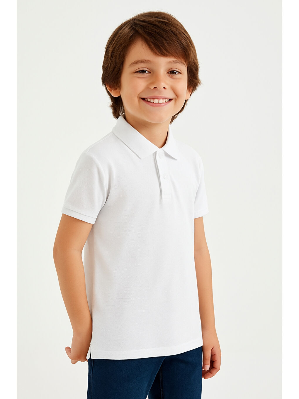 Beyaz Erkek Çocuk Polo Yaka Basic Kısa Kollu Okul Tişört AK-6050-2