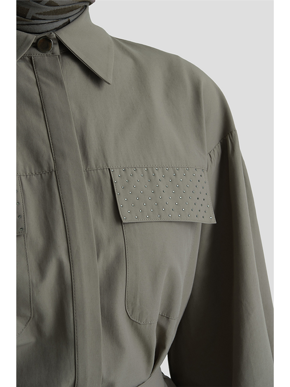 İşleme Detaylı Poplin Takım Haki-5