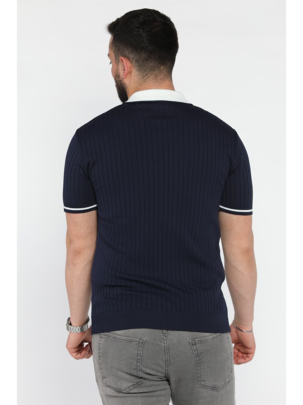 Lacivert Erkek Polo Yaka Kendinden Çizgi Desenli Triko Tişört-2
