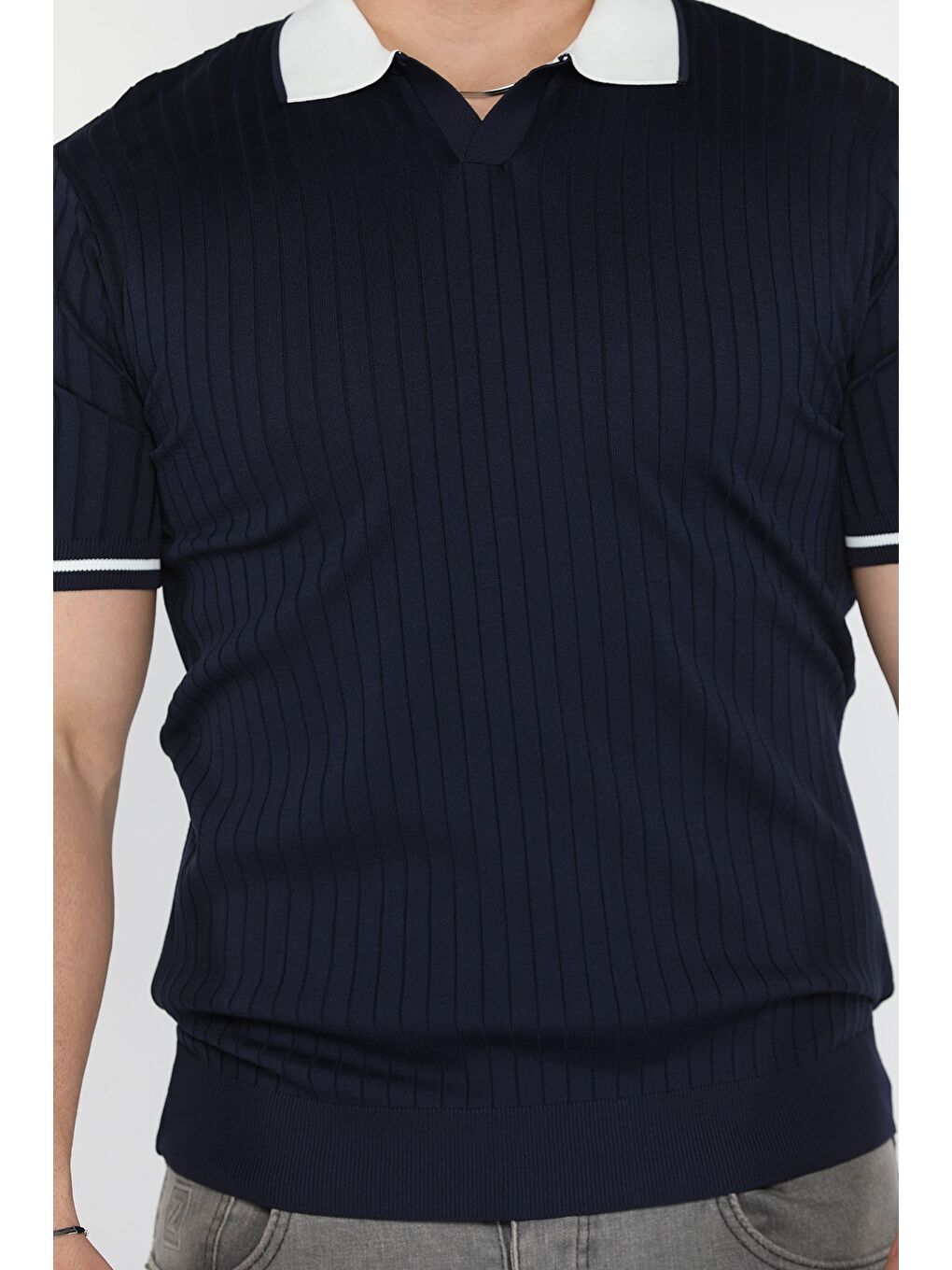 Lacivert Erkek Polo Yaka Kendinden Çizgi Desenli Triko Tişört-3