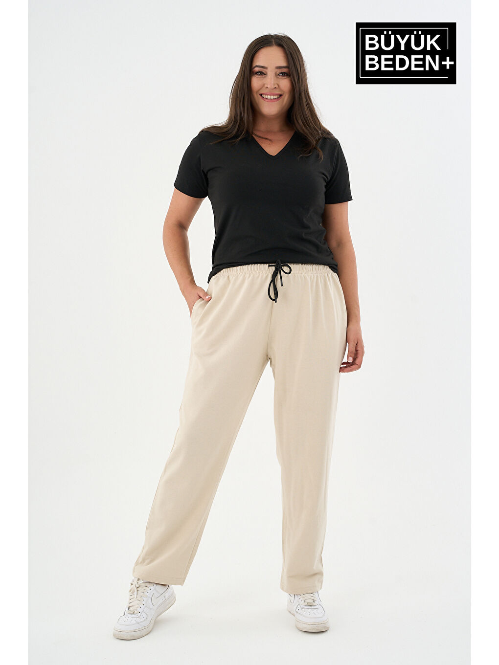 Bej Kadın Büyük Beden İnce Eşofman Altı SPR25BEAK52-3