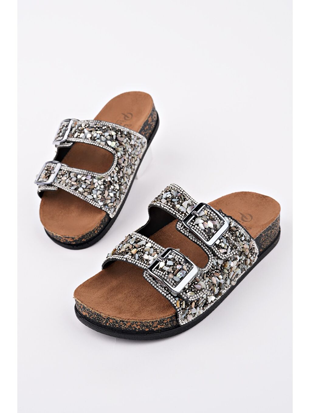 Gri CRACOW Çift Bantlı Taşlı Ayarlanabilir Kemerli Günlük Kadın Terlik