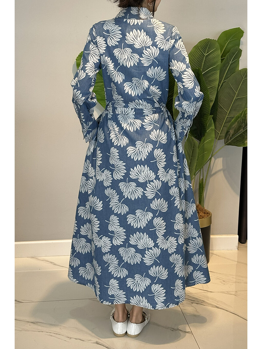 Desenli Düğme Detay Elbise 13296 Mavi-3