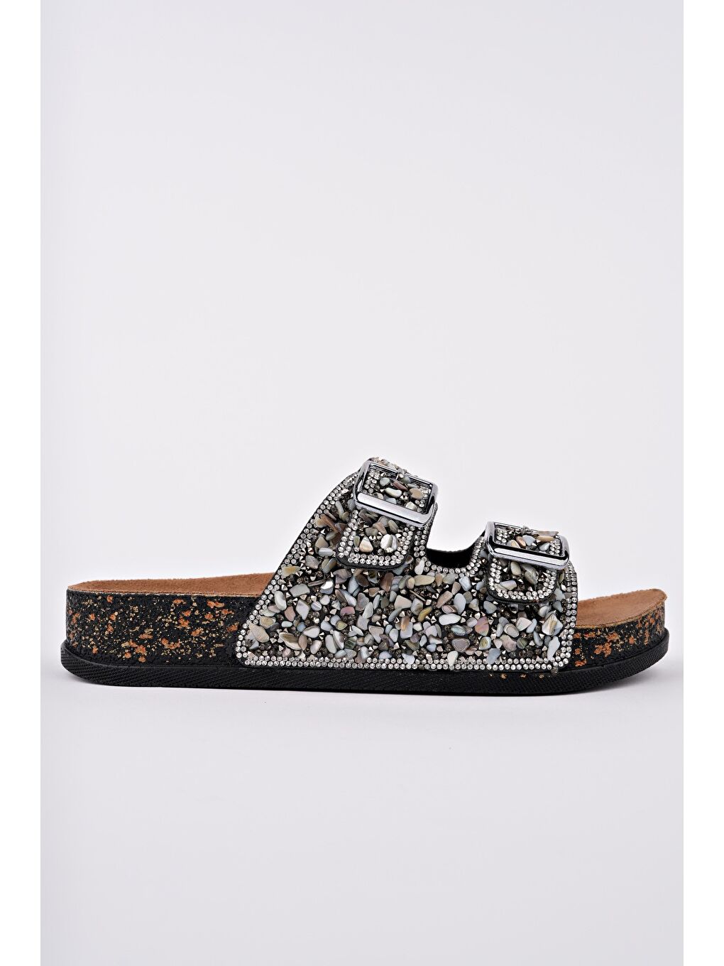 Gri CRACOW Çift Bantlı Taşlı Ayarlanabilir Kemerli Günlük Kadın Terlik-1