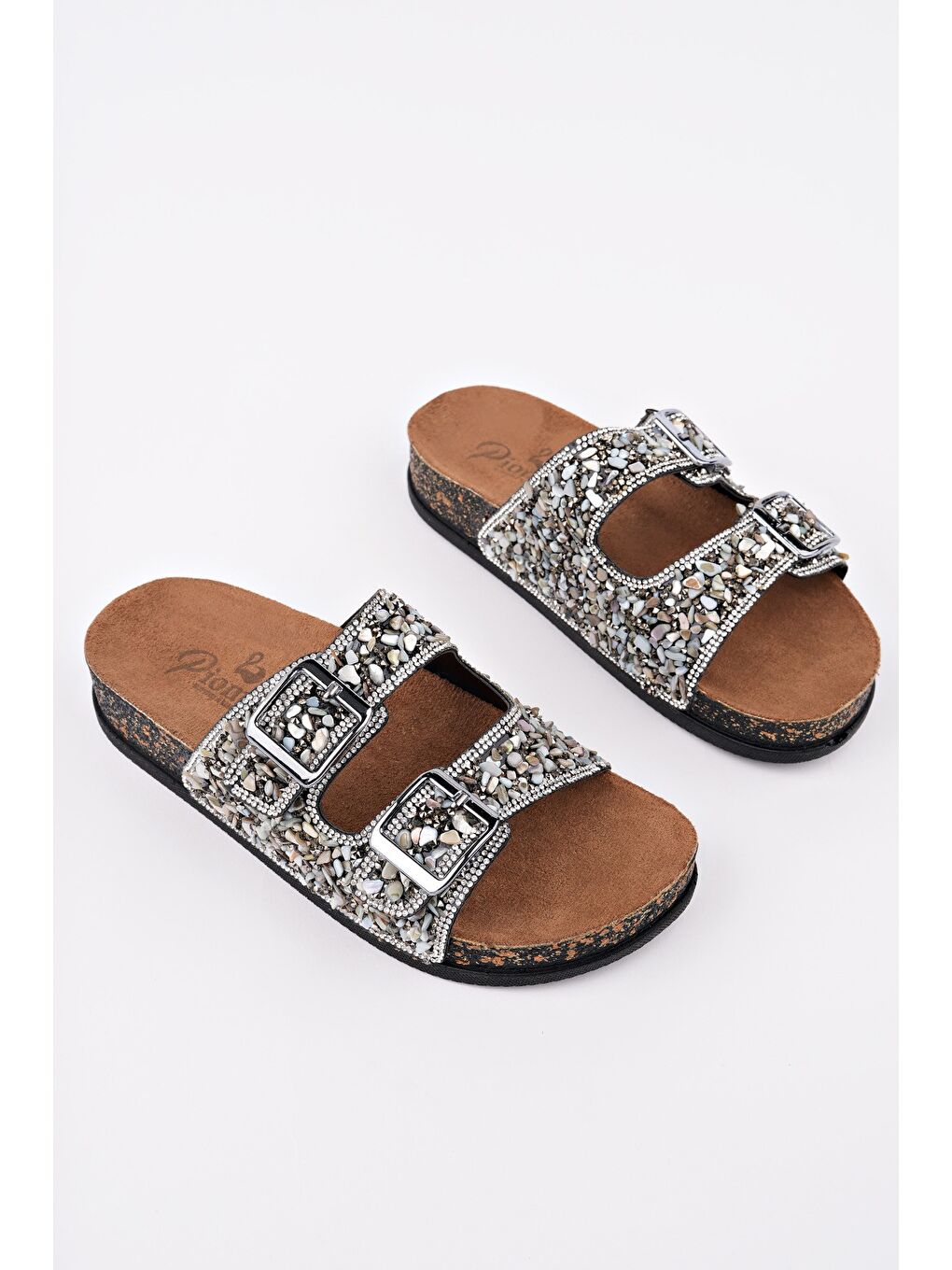 Gri CRACOW Çift Bantlı Taşlı Ayarlanabilir Kemerli Günlük Kadın Terlik-2