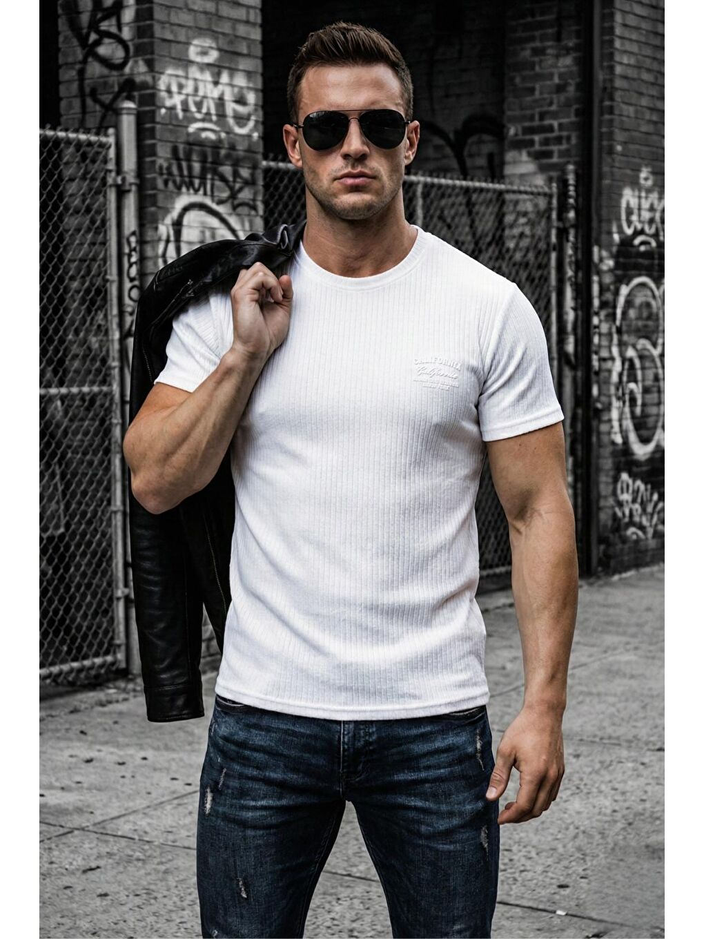 Beyaz Ftx California Flok Baskı Detaylı Premium Fitilli Kumaş Erkek T-Shirt