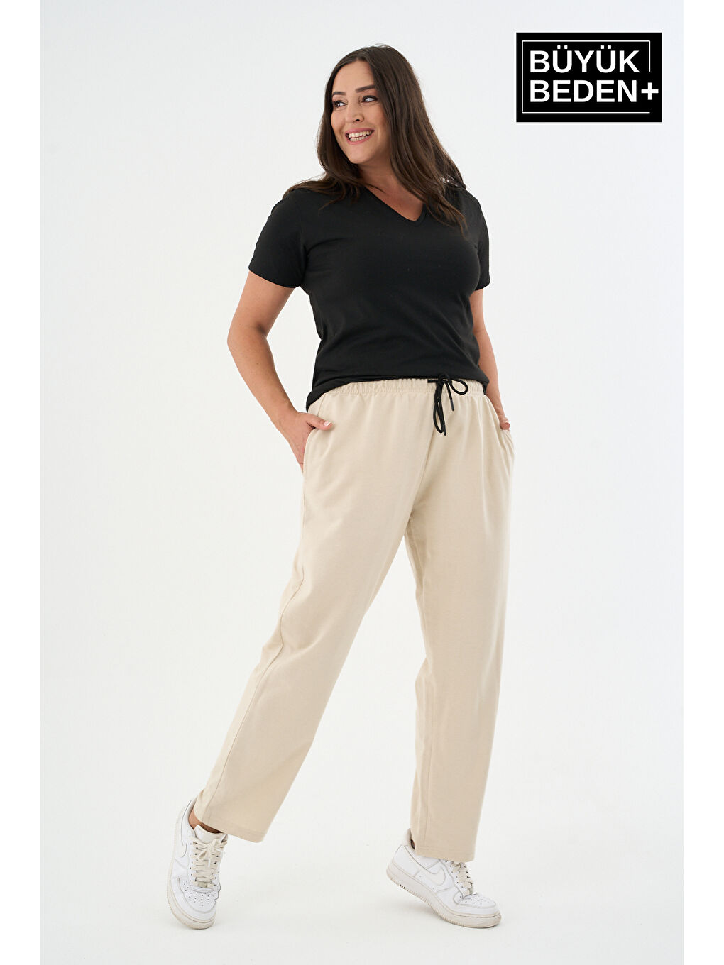 Bej Kadın Büyük Beden İnce Eşofman Altı SPR25BEAK52-4