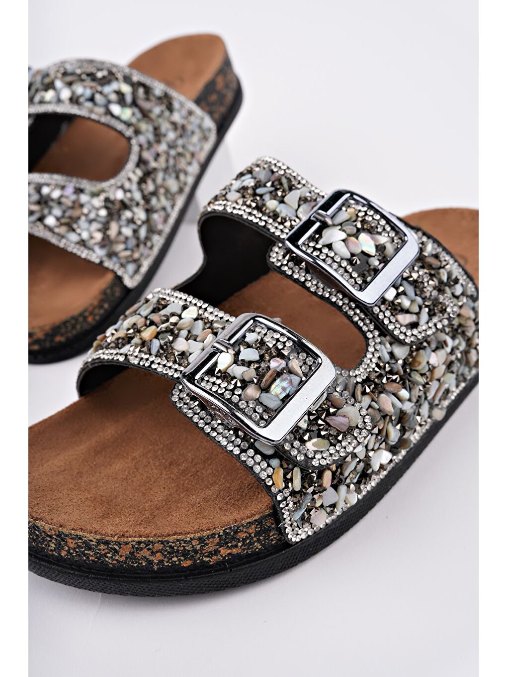 Gri CRACOW Çift Bantlı Taşlı Ayarlanabilir Kemerli Günlük Kadın Terlik-7