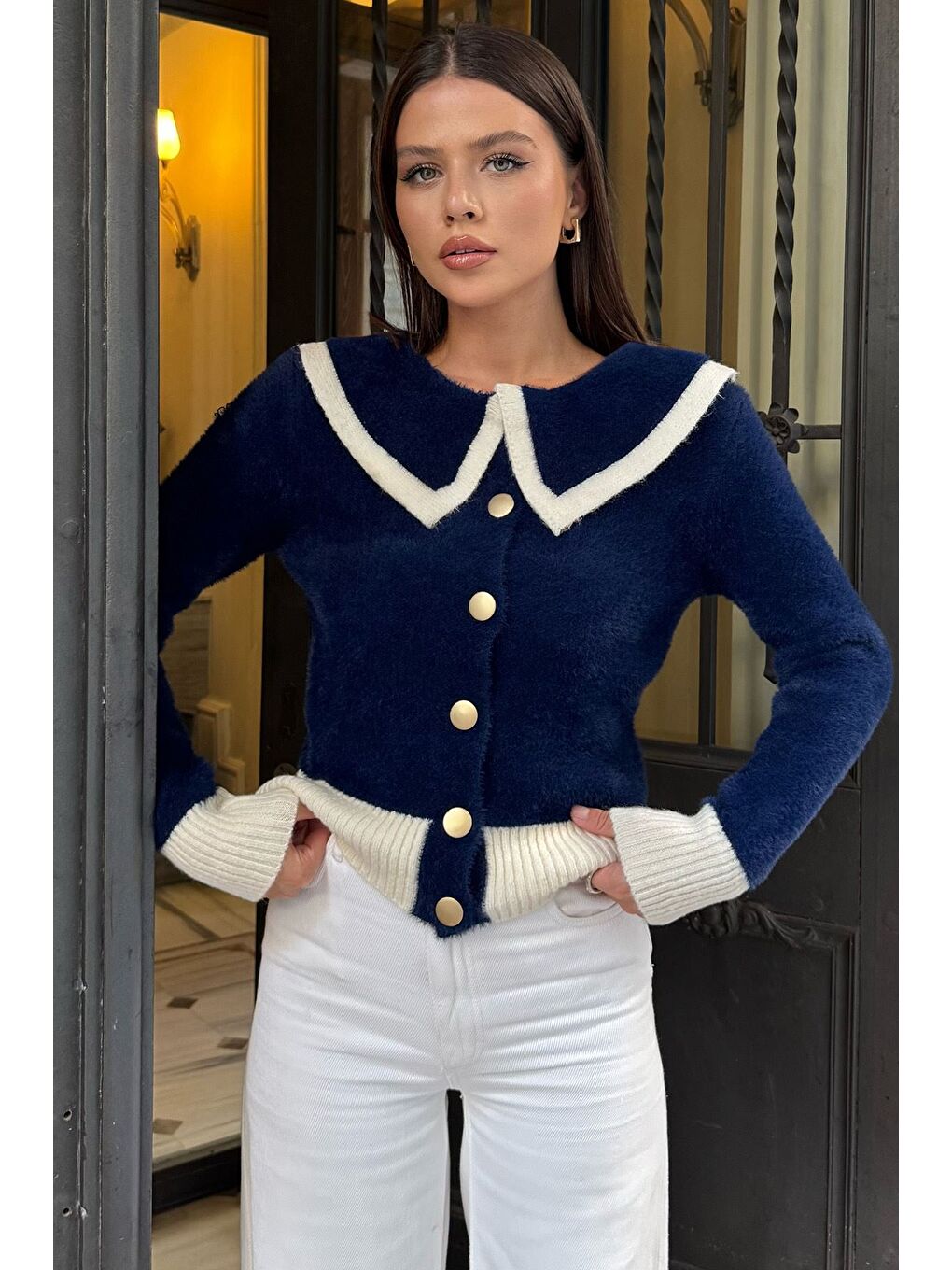 Lacivert Kadın Bebe Yaka Yumoş İplik Triko Ceket (s-m-l Uyumludur)-1