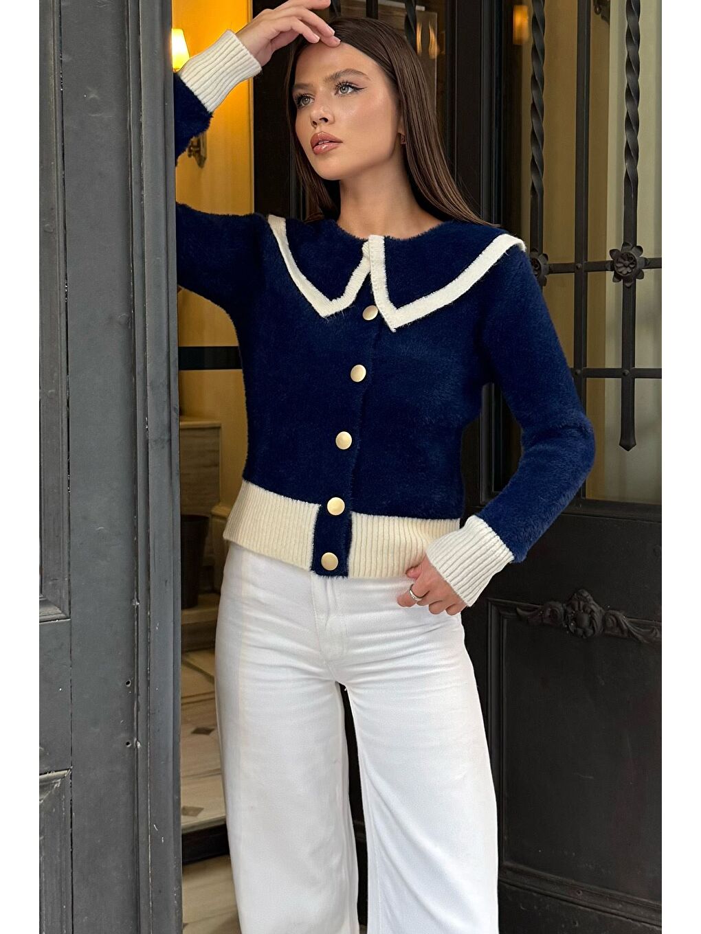 Lacivert Kadın Bebe Yaka Yumoş İplik Triko Ceket (s-m-l Uyumludur)-2