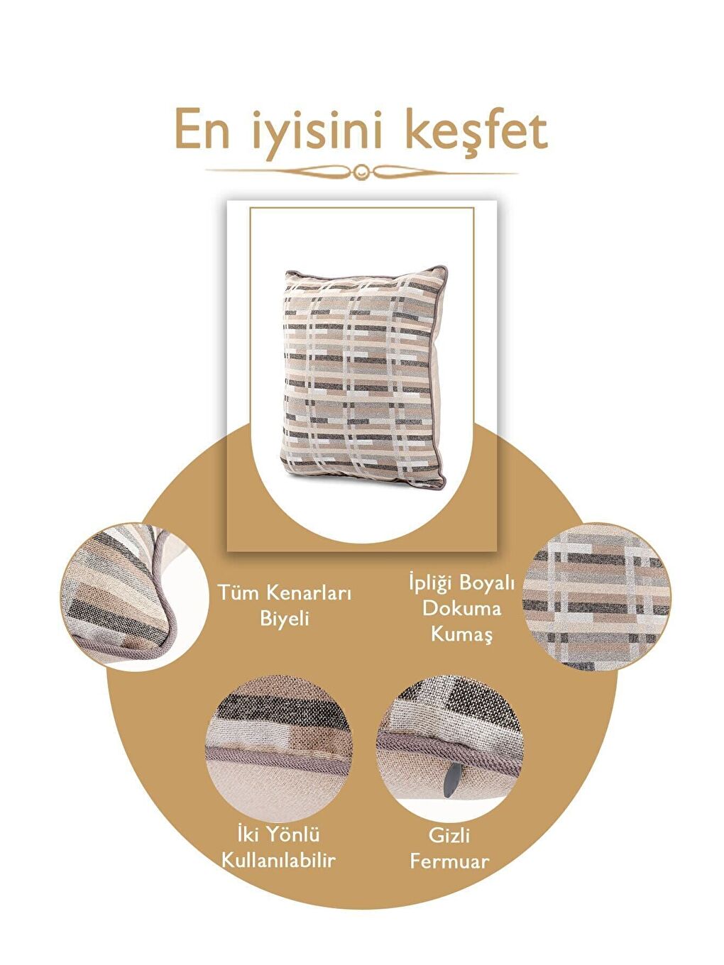 Kahverengi Özel Tasarım 43x43 Dokuma Kırlent Kılıfı Biyeli Gizli Fermuarlı Dekoratif Salon-3