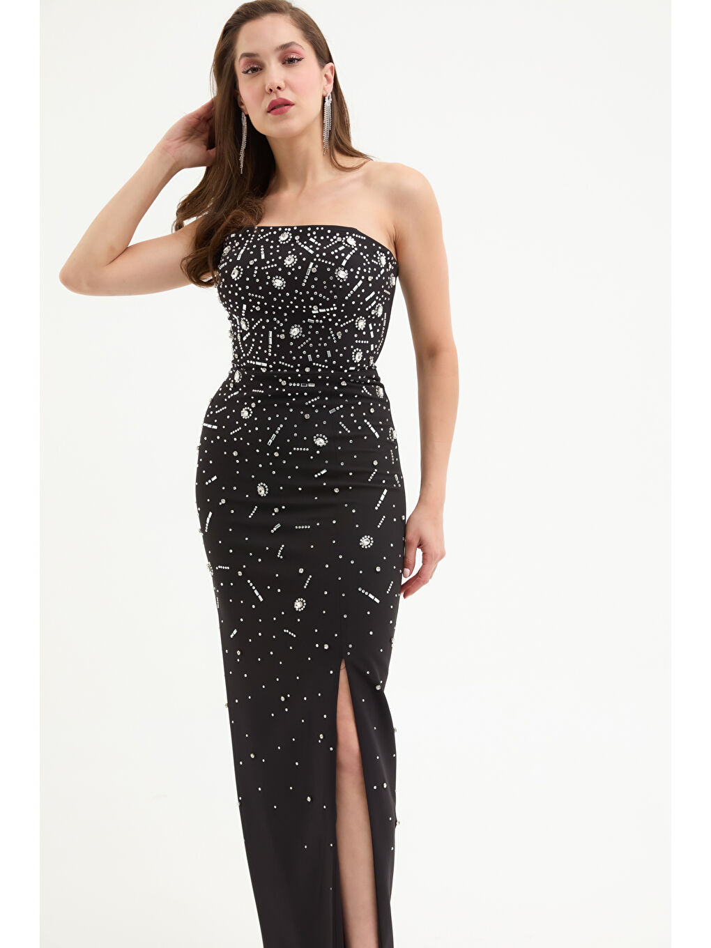 Kadın Siyah Straplez Taşlı Uzun Abiye Elbise-1