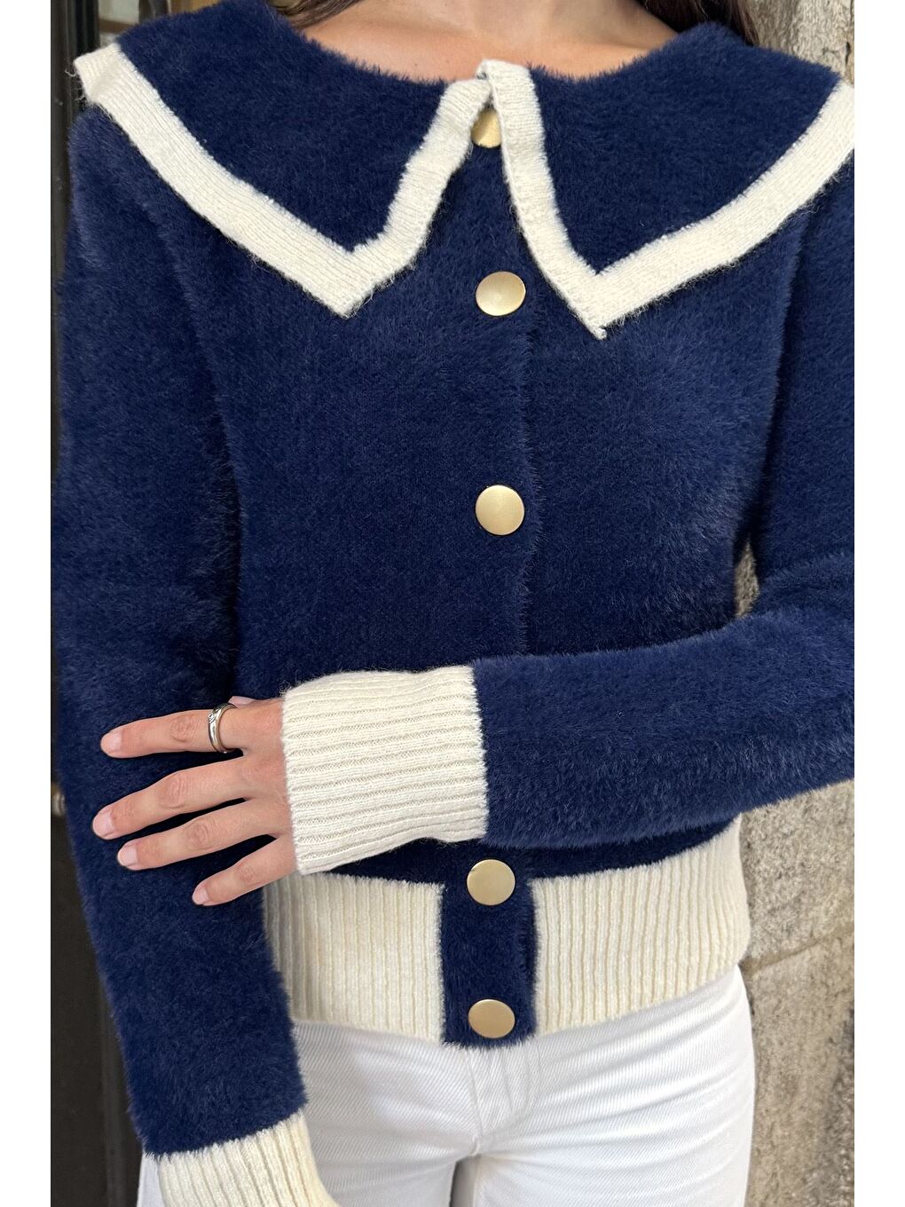 Lacivert Kadın Bebe Yaka Yumoş İplik Triko Ceket (s-m-l Uyumludur)-3