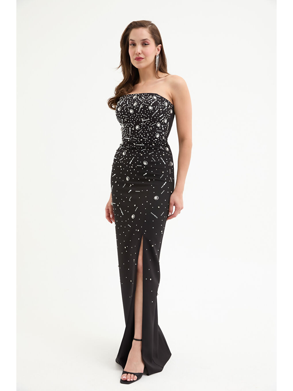 Kadın Siyah Straplez Taşlı Uzun Abiye Elbise-2