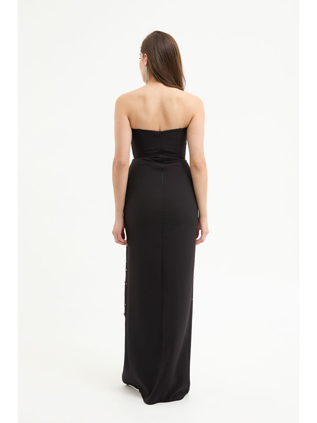 Kadın Siyah Straplez Taşlı Uzun Abiye Elbise-4