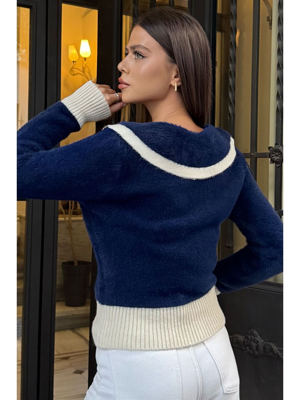 Lacivert Kadın Bebe Yaka Yumoş İplik Triko Ceket (s-m-l Uyumludur)-4