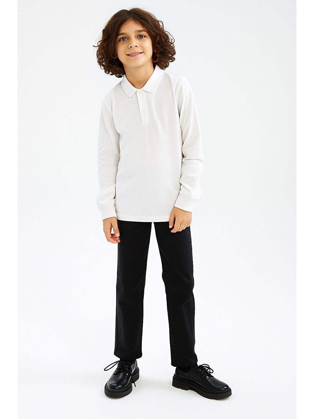Erkek Çocuk Polo Yaka Basic Pamuk Uzun Kollu Beyaz Okul Tişörtü AK-3550-1