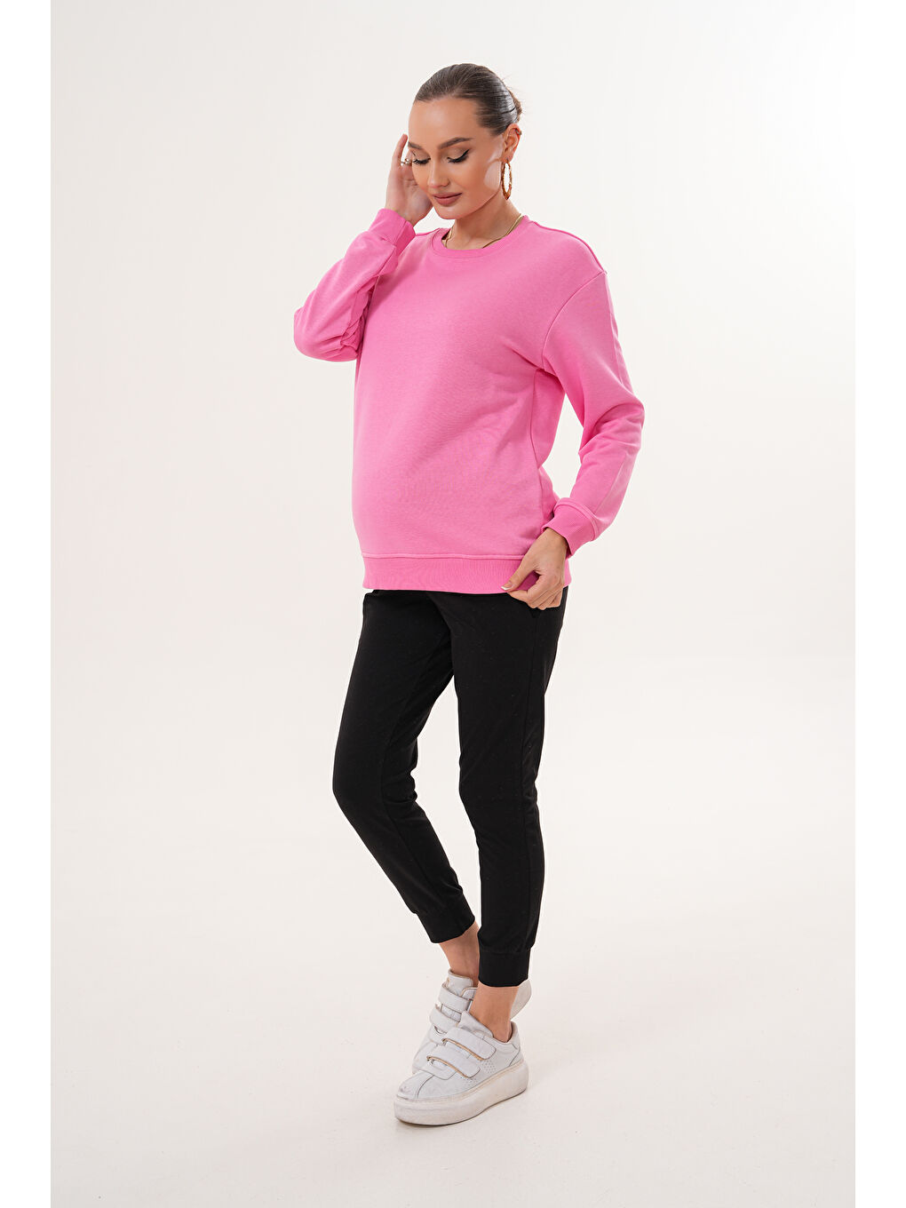 Pembe Bisiklet Yaka %100 Pamuk Hamile ve Lohusa Basic Sweatshirt-1