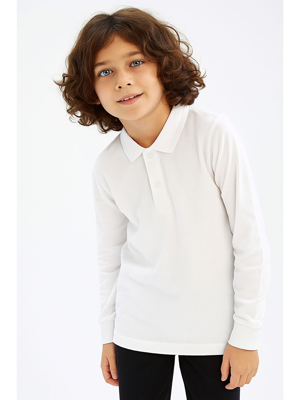 Erkek Çocuk Polo Yaka Basic Pamuk Uzun Kollu Beyaz Okul Tişörtü AK-3550-2
