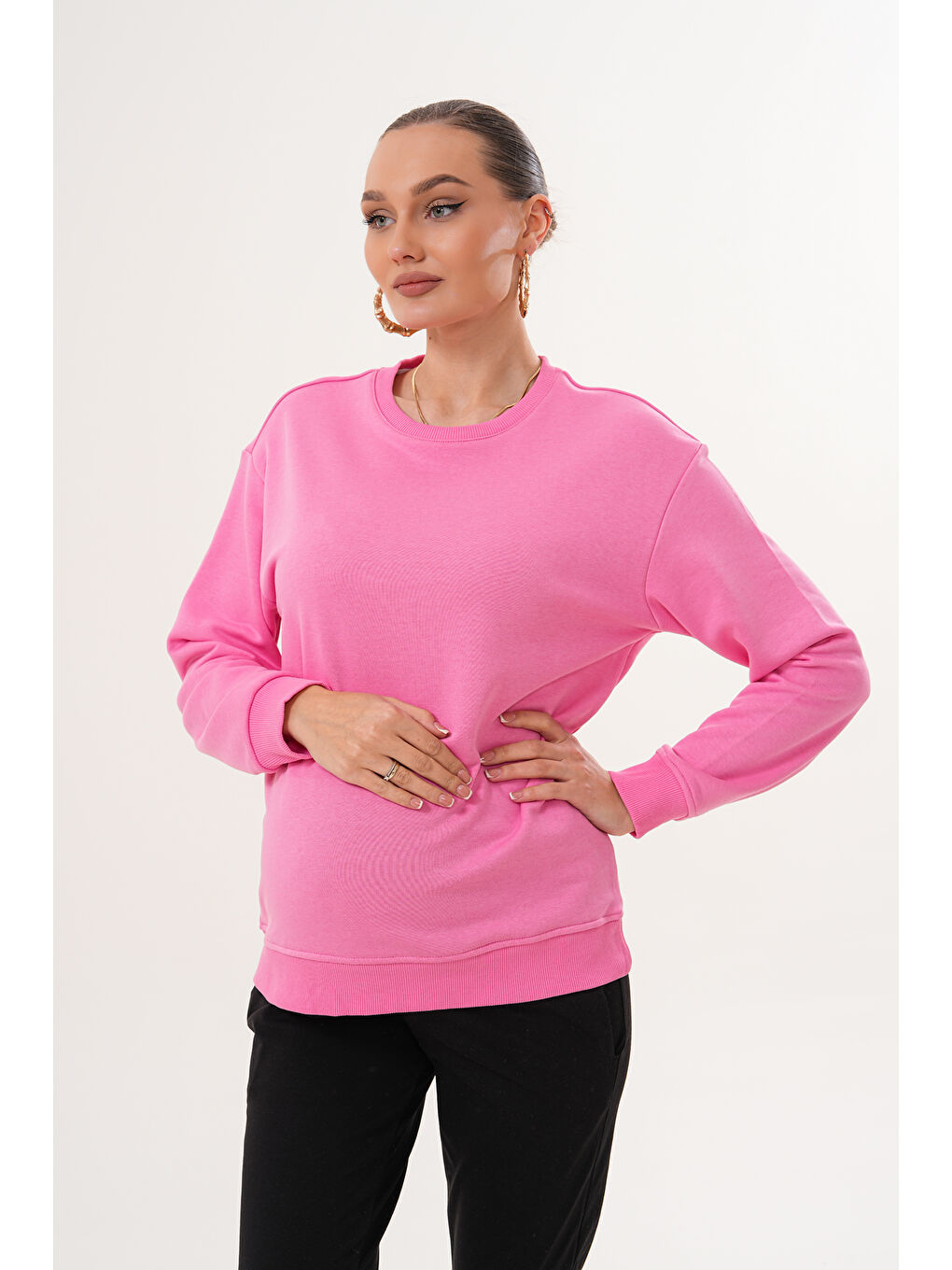 Pembe Bisiklet Yaka %100 Pamuk Hamile ve Lohusa Basic Sweatshirt-2