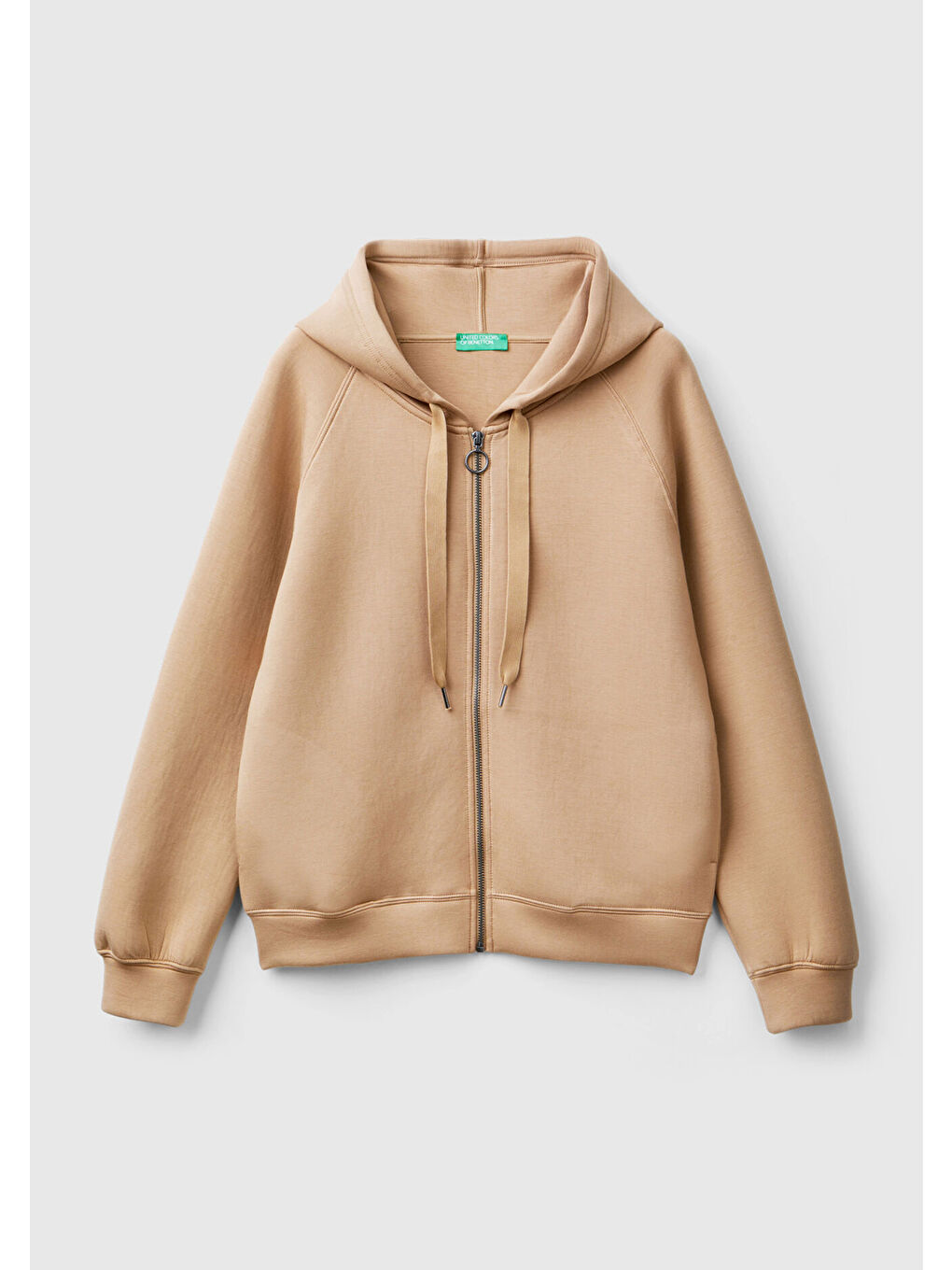 Kadın Bej Viskoz Karışımlı Büzgü İpli Kapüşonlu Fermuarlı Sweatshirt-1