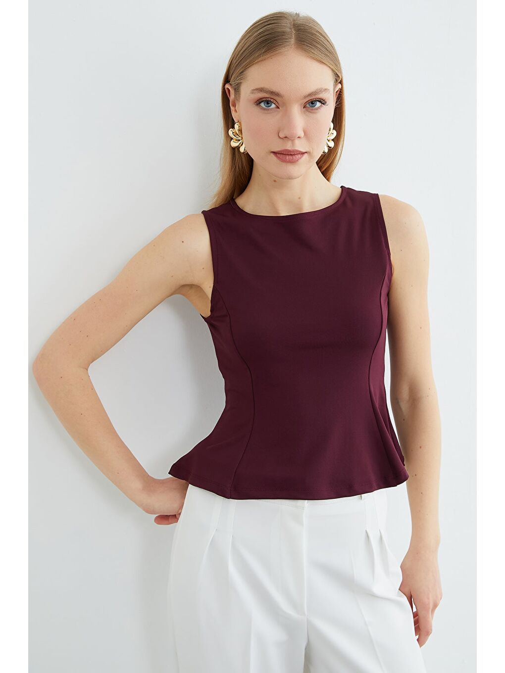 Mürdüm Bisiklet Yaka Peplum Bluz