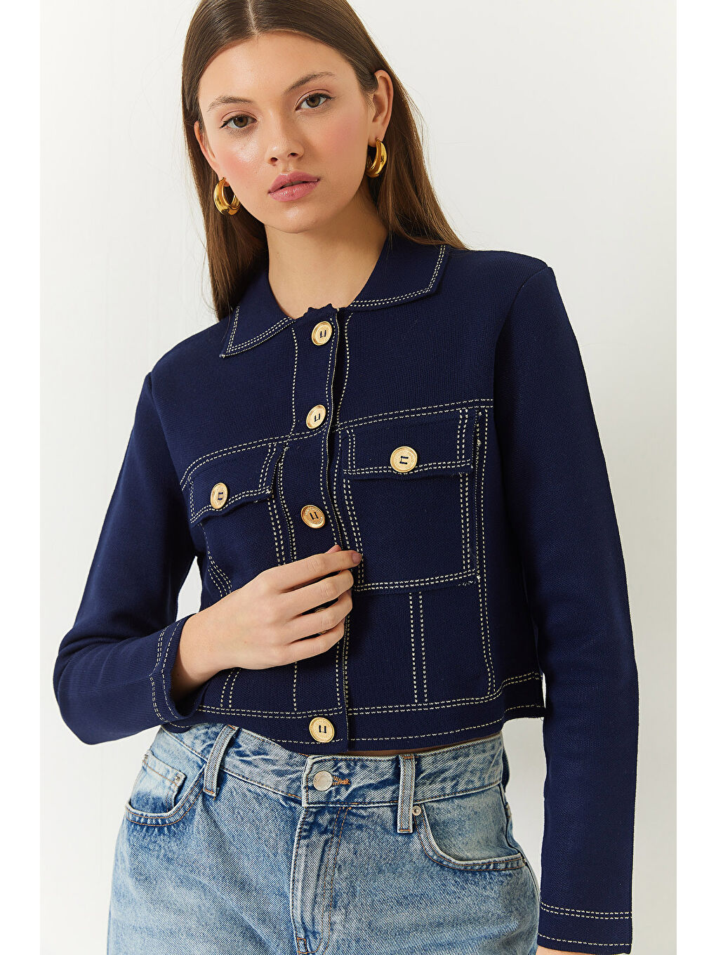 Lacivert Kadın Denim Görünümlü Triko Ceket