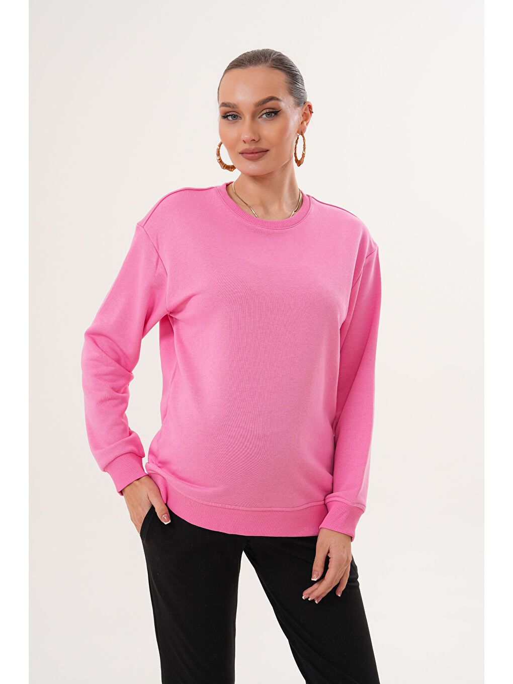 Pembe Bisiklet Yaka %100 Pamuk Hamile ve Lohusa Basic Sweatshirt-3