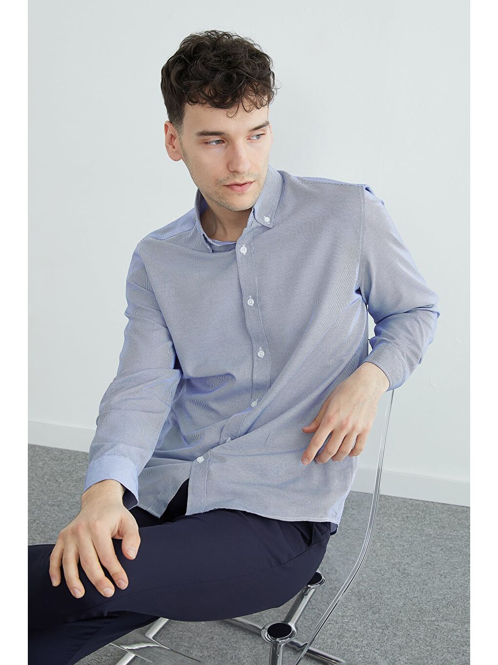 Mavi Çizgili Düğmeli Uzun Kol Gömlek-1