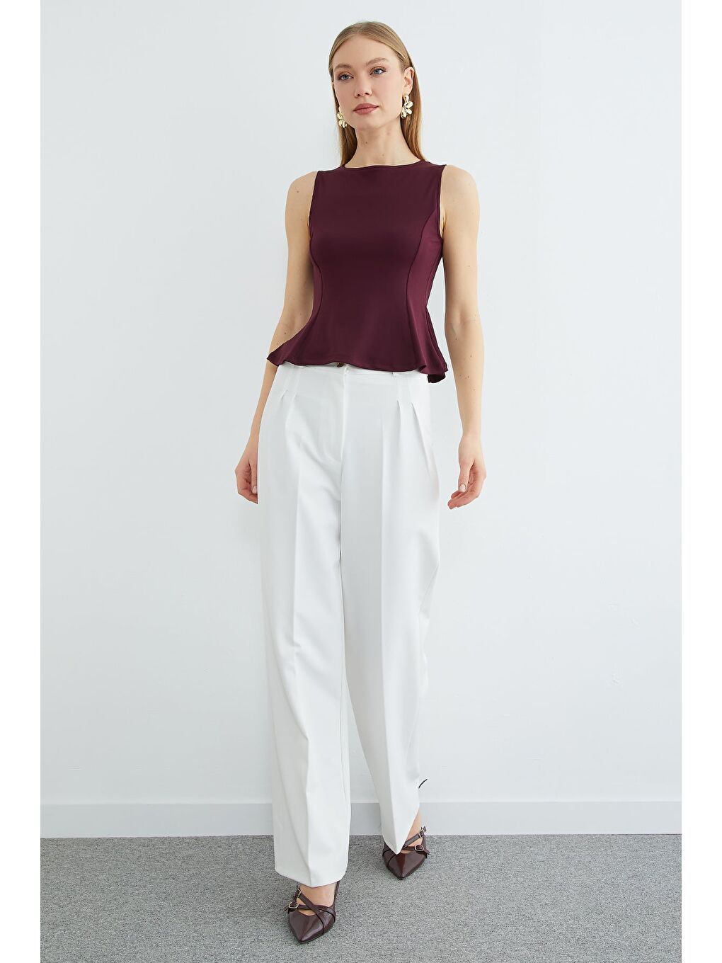 Mürdüm Bisiklet Yaka Peplum Bluz-1