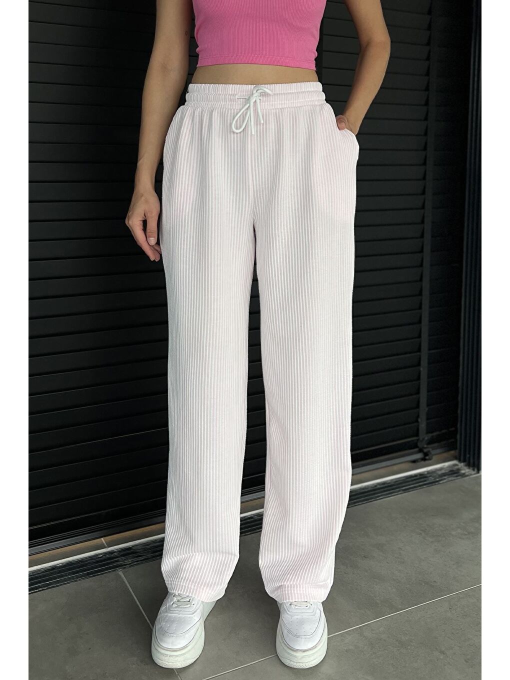 Pembe Kadın Su Yolu Çizgili Bol Paça Pantolon