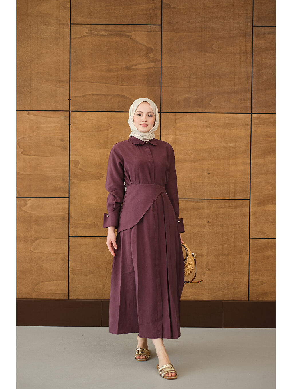 Kadın Pileli Kemer Bağlamalı Boydan Düğmeli Elbise Mürdüm-4