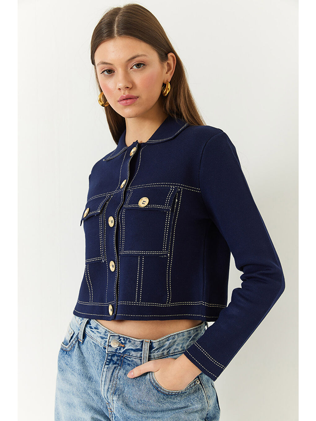 Lacivert Kadın Denim Görünümlü Triko Ceket-2