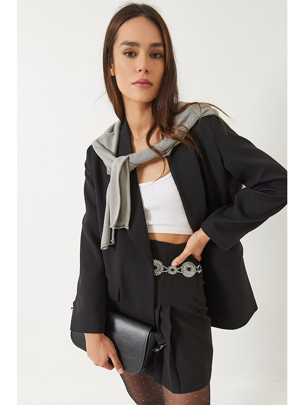 Siyah Kadın Leopar Astarlı Blazer Ceket