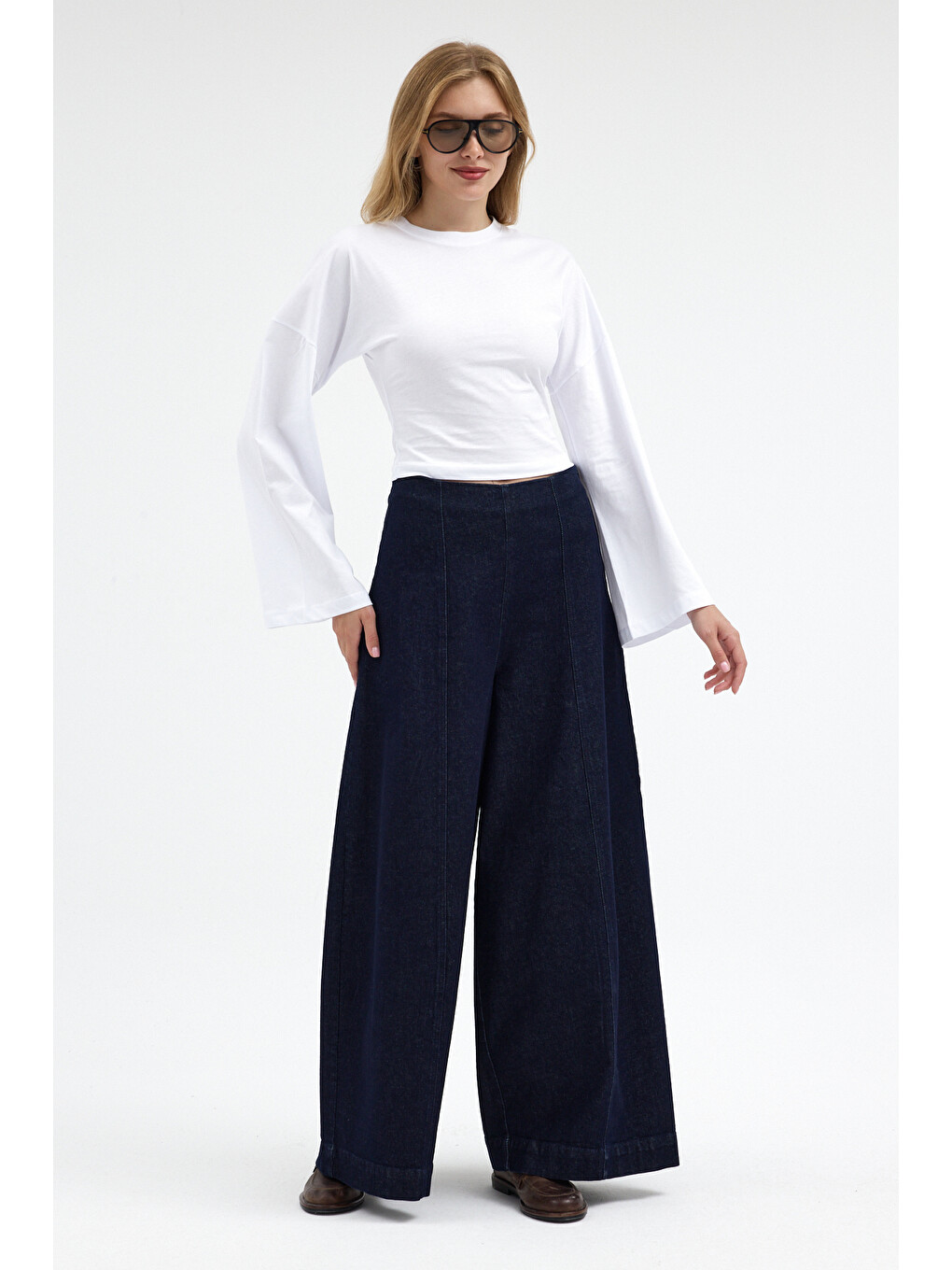 Kadın Basic Geniş Kol Beyaz Crop Bluz-1