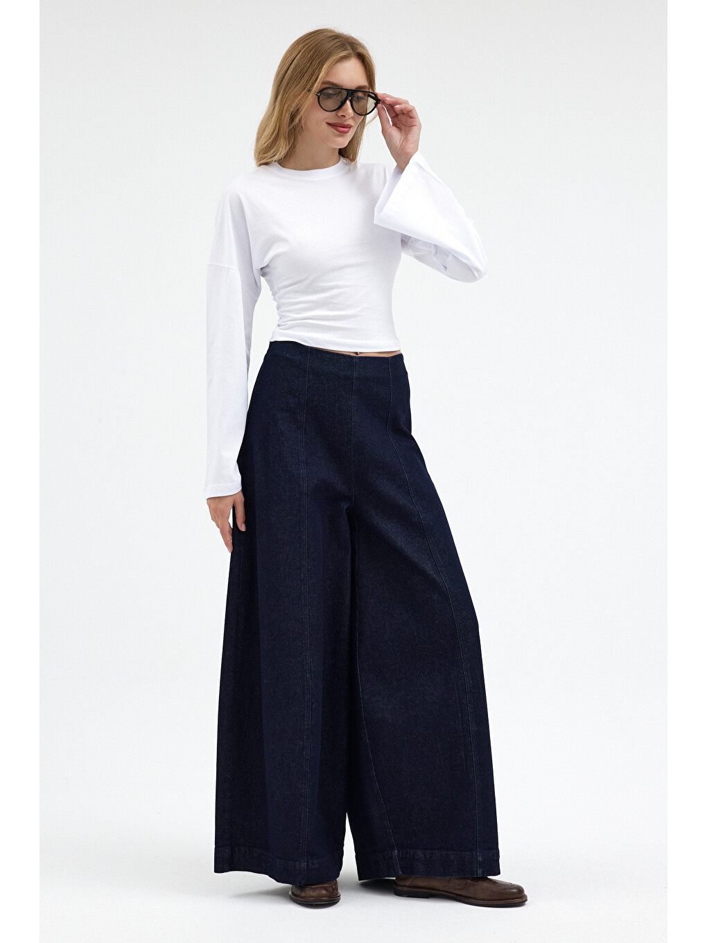 Kadın Basic Geniş Kol Beyaz Crop Bluz-2