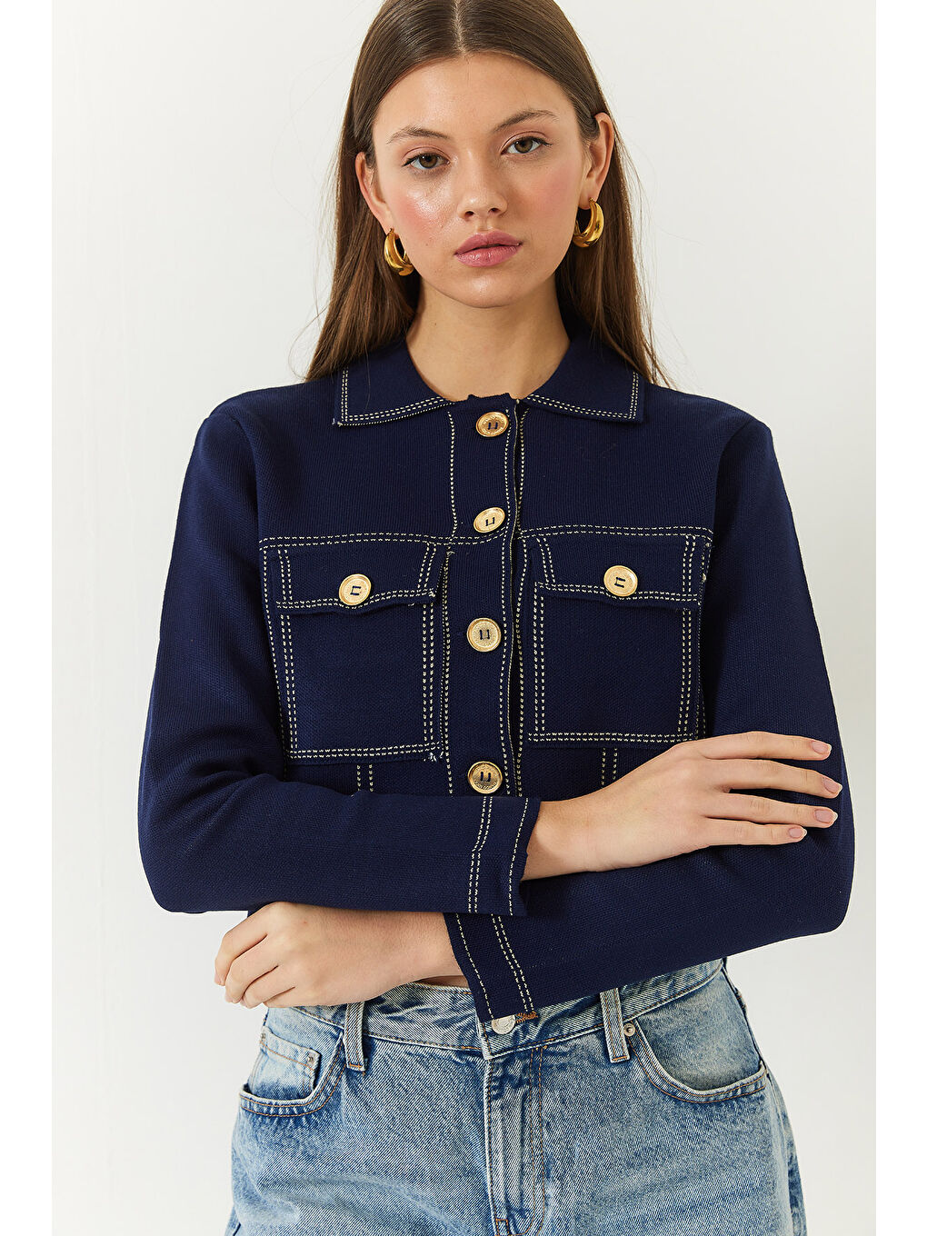 Lacivert Kadın Denim Görünümlü Triko Ceket-3