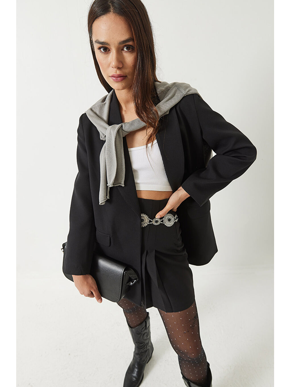 Siyah Kadın Leopar Astarlı Blazer Ceket-1