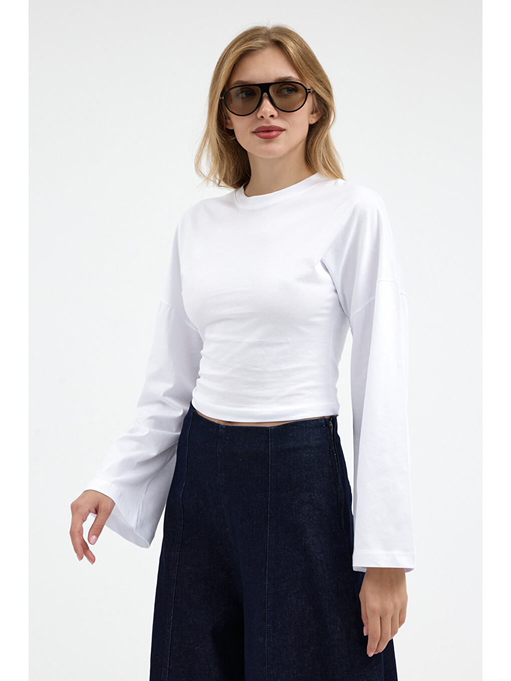 Kadın Basic Geniş Kol Beyaz Crop Bluz-3