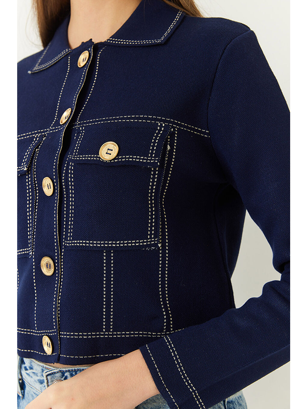 Lacivert Kadın Denim Görünümlü Triko Ceket-4