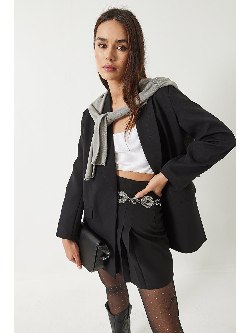 Siyah Kadın Leopar Astarlı Blazer Ceket-2