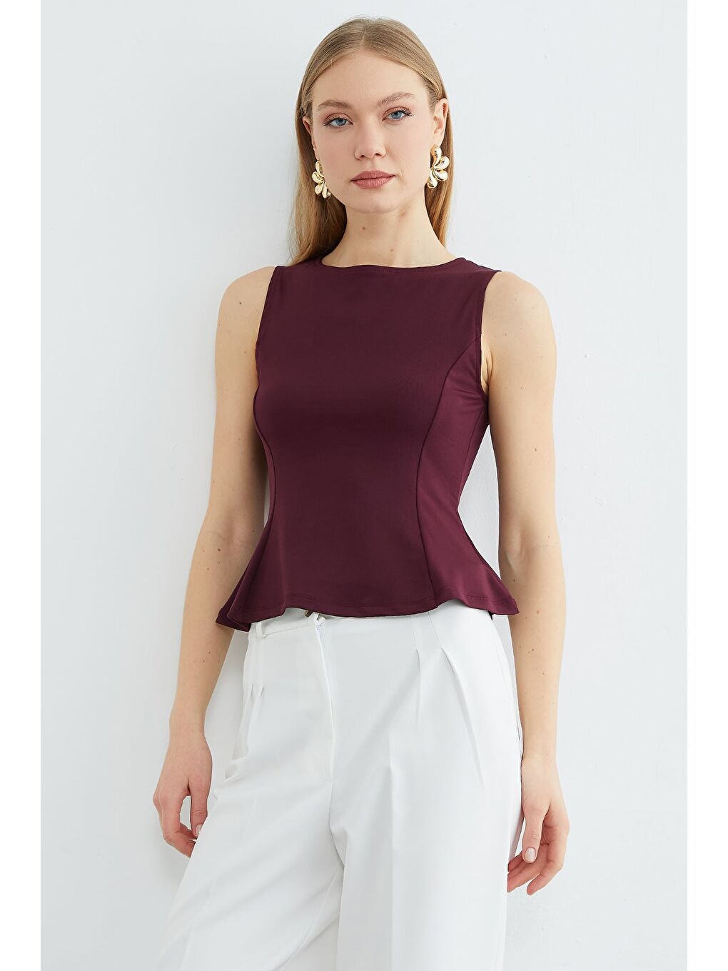 Mürdüm Bisiklet Yaka Peplum Bluz-2