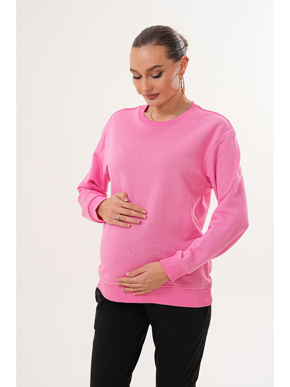 Pembe Bisiklet Yaka %100 Pamuk Hamile ve Lohusa Basic Sweatshirt-4
