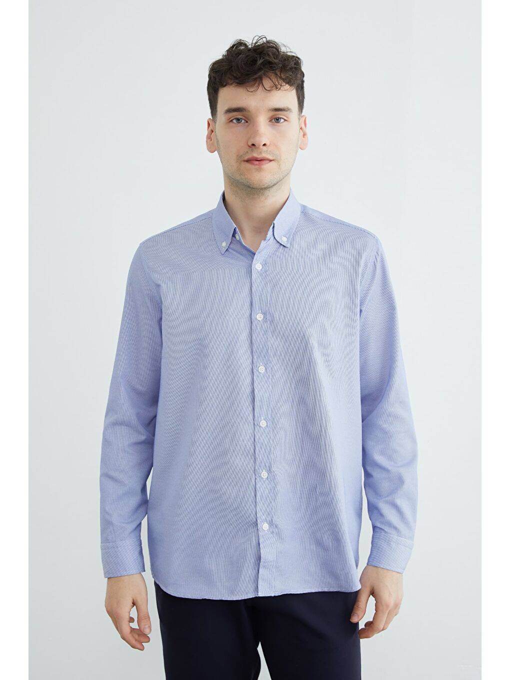 Mavi Çizgili Düğmeli Uzun Kol Gömlek-2