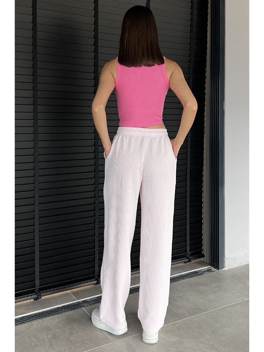 Pembe Kadın Su Yolu Çizgili Bol Paça Pantolon-2