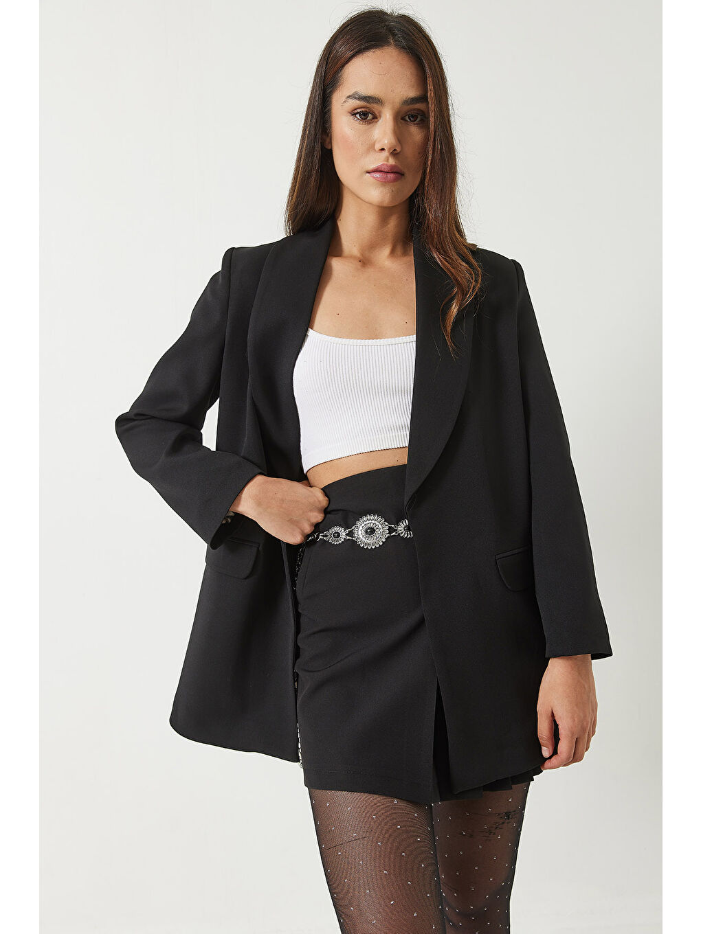 Siyah Kadın Leopar Astarlı Blazer Ceket-3