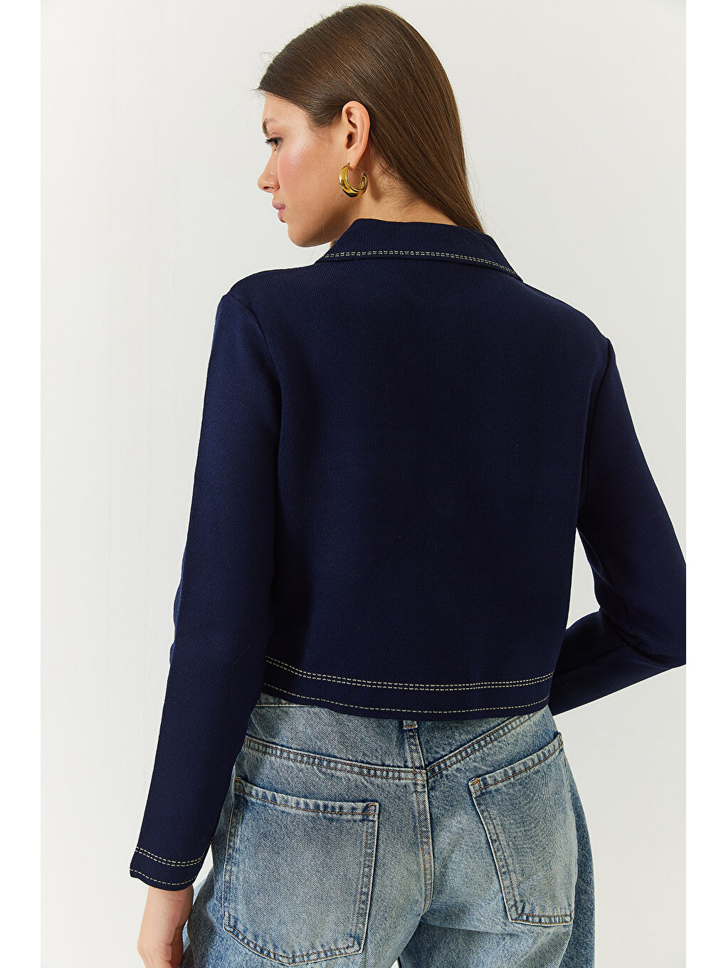 Lacivert Kadın Denim Görünümlü Triko Ceket-5